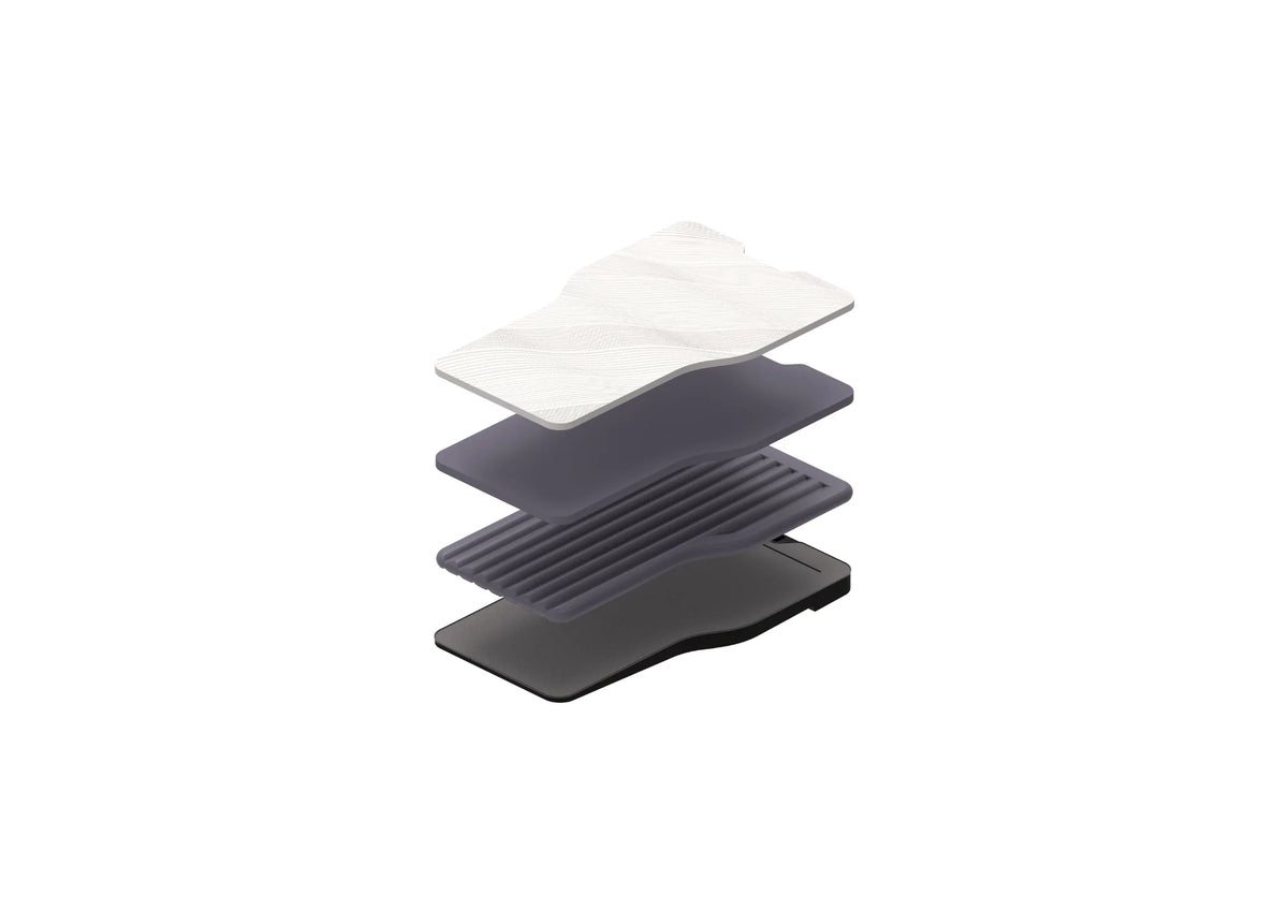 Layer diagram showing the comfort and support layers of the Snuuzu Tesla mattress.
